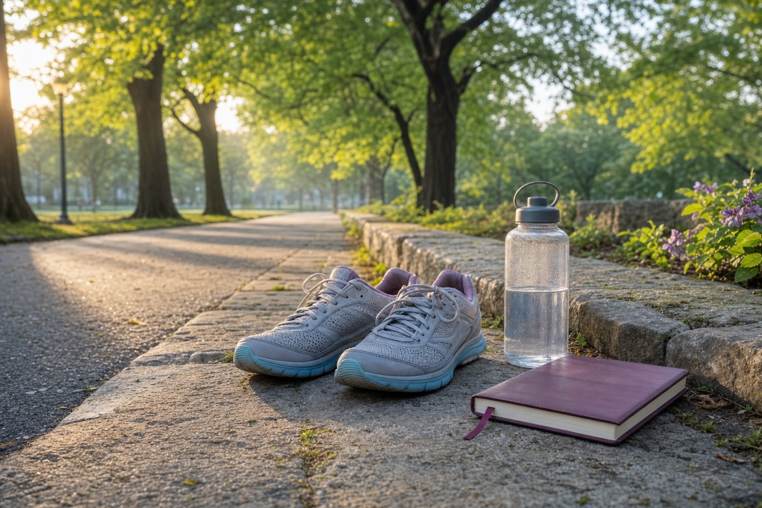 Walking shoes, water bottle, and closed journal beside a tree-lined path