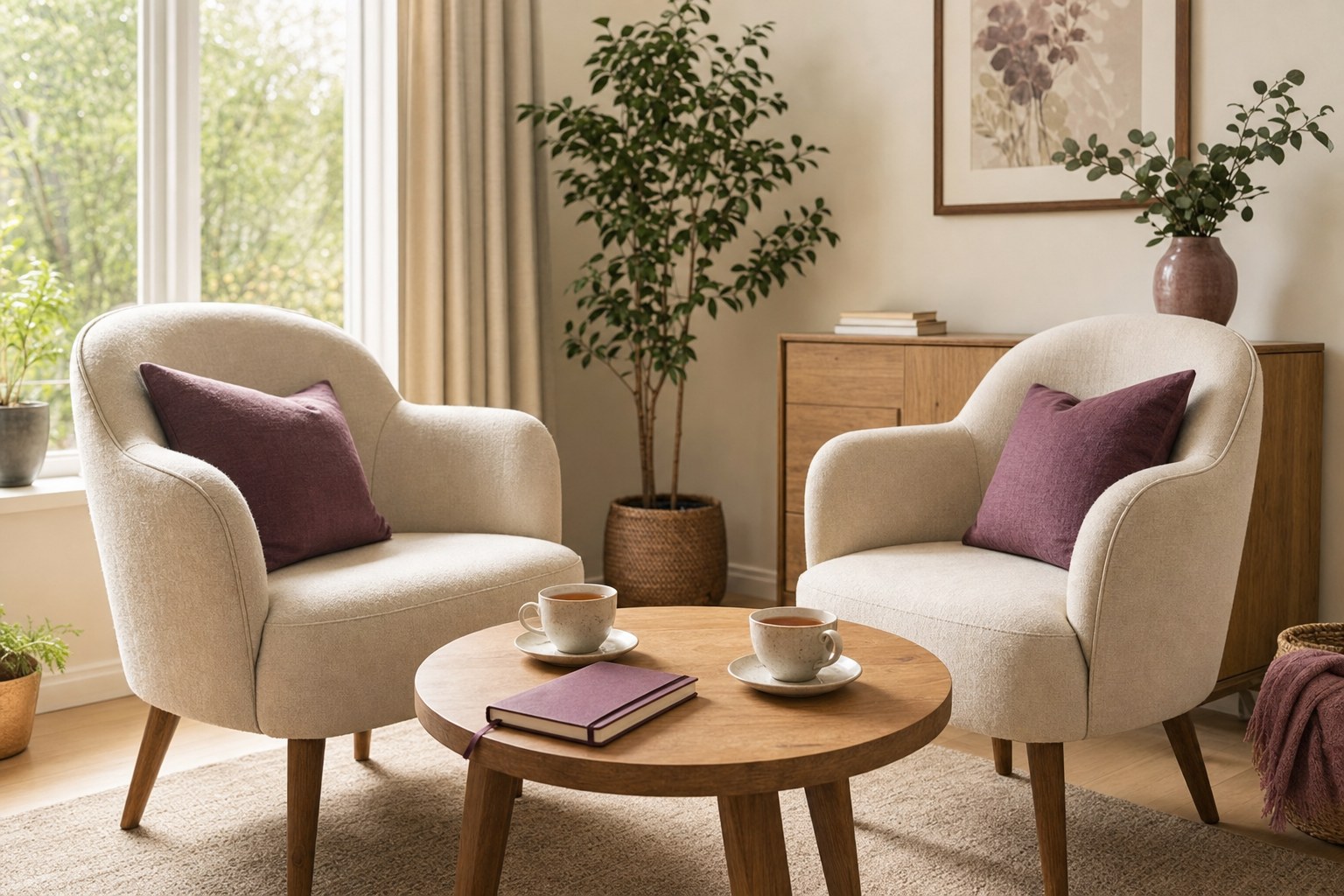 Two empty chairs and tea in a calm, sunlit conversation space