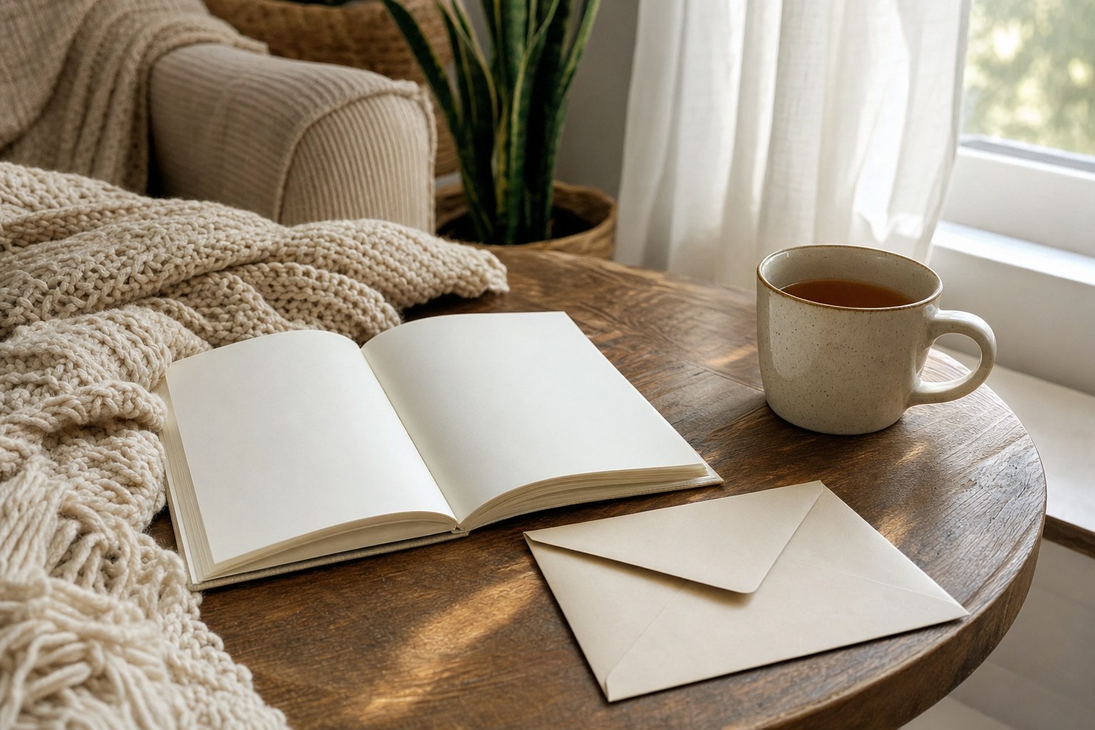 Open notebook, blank envelope, and tea on a table beside a sunlit window