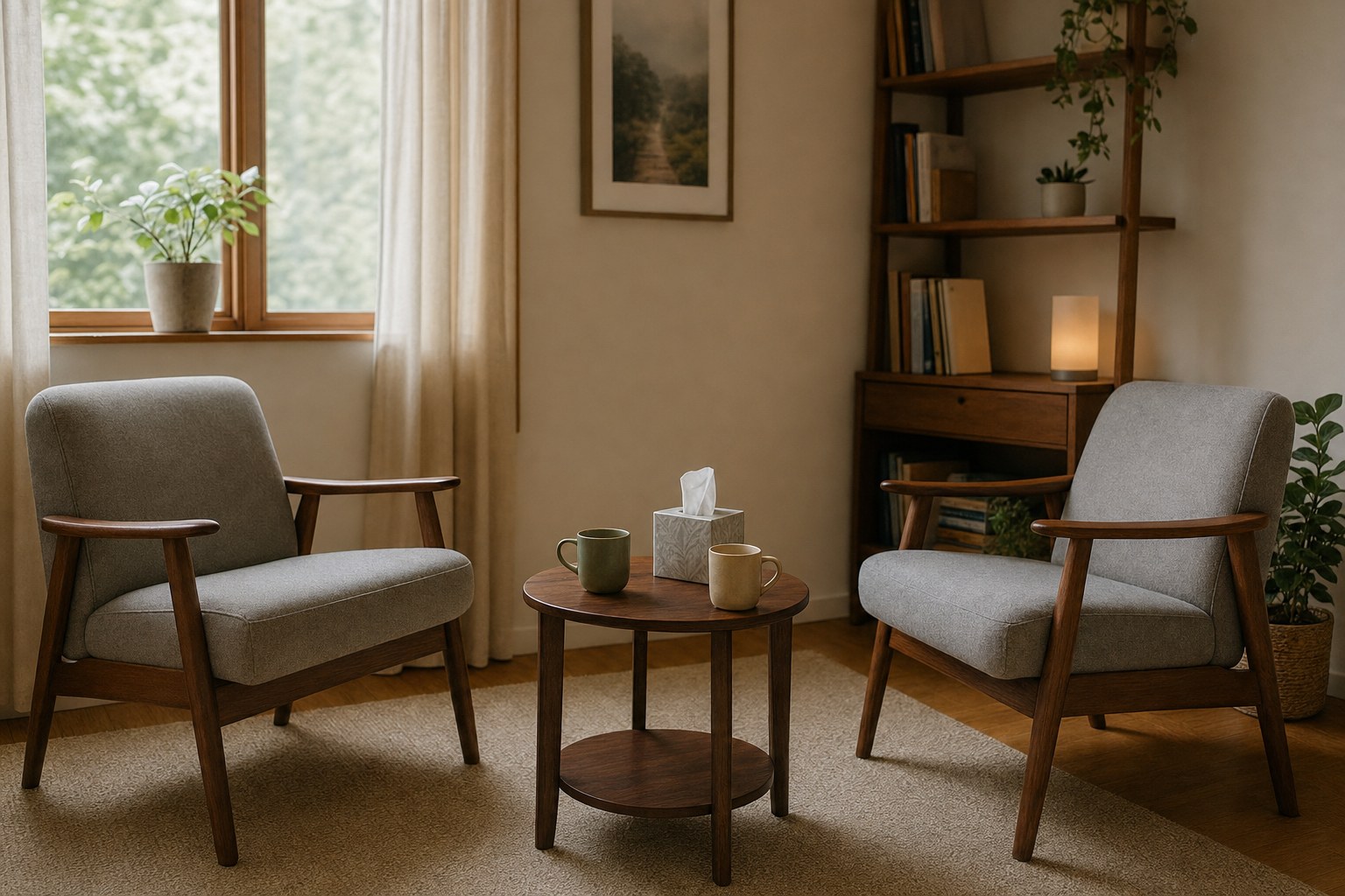 Two chairs facing each other in a calm, sunlit room with mugs and tissues on a small table