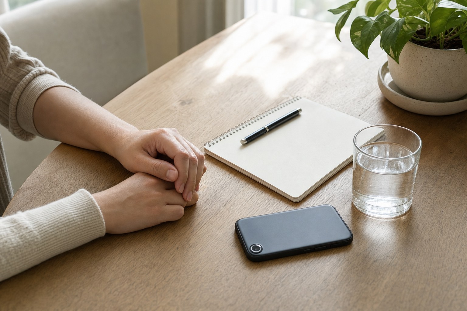 Person resting their hands beside a blank notebook, phone, and glass of water