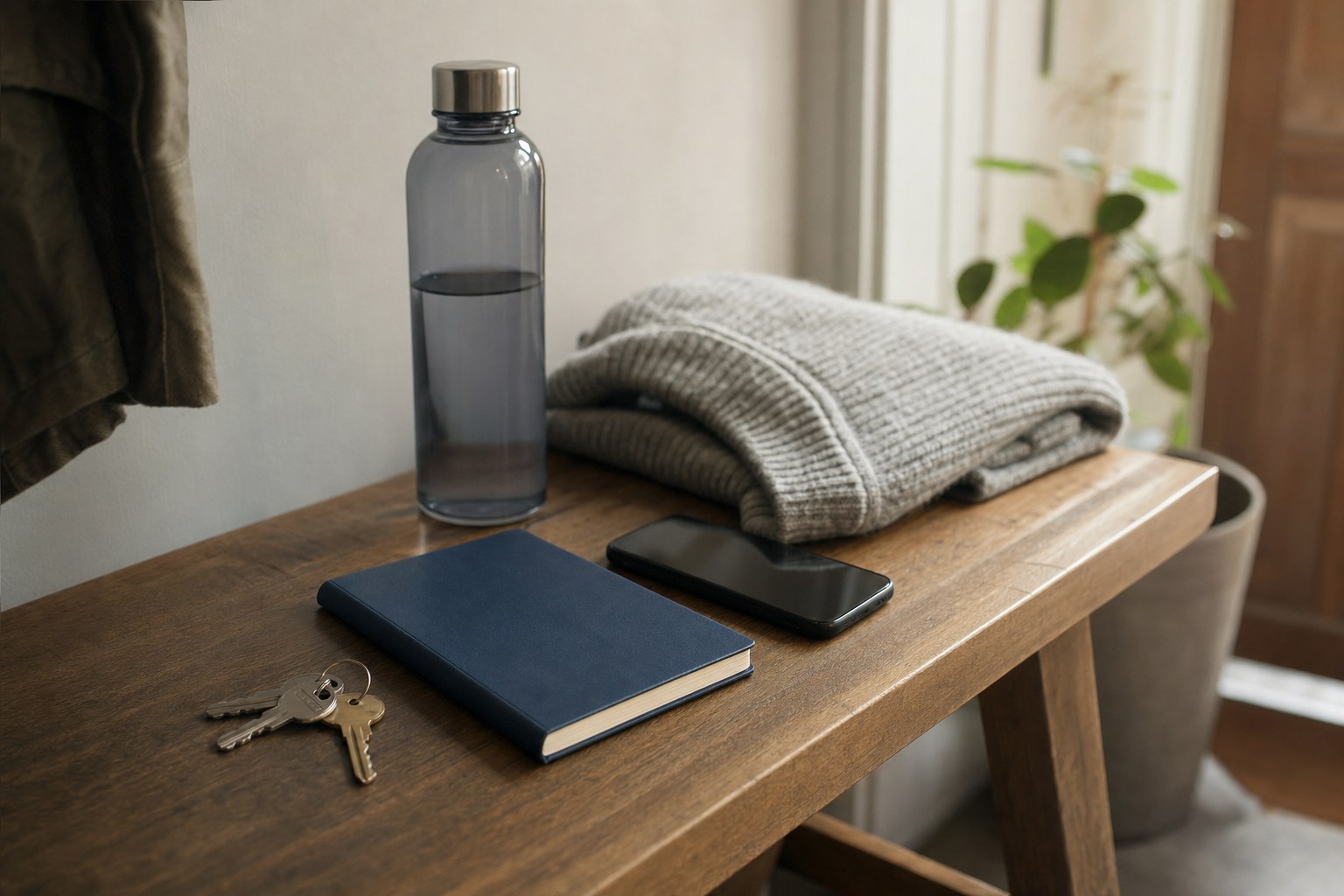 Keys, closed notebook, phone, water bottle, and folded sweater arranged on a wooden bench
