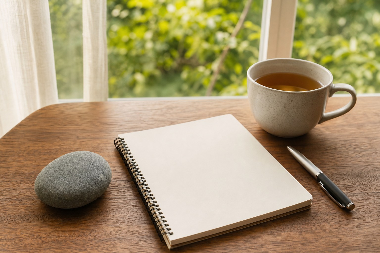 Blank notepad, tea, pen, and smooth gray stone on a wooden table