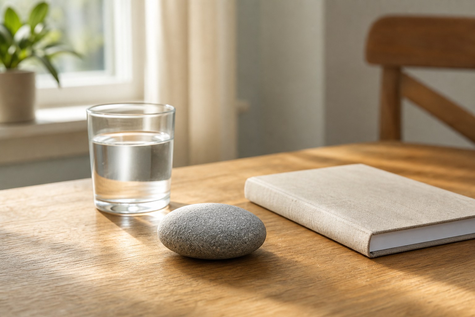 Smooth gray stone, notebook, and glass of water on a sunlit wooden table