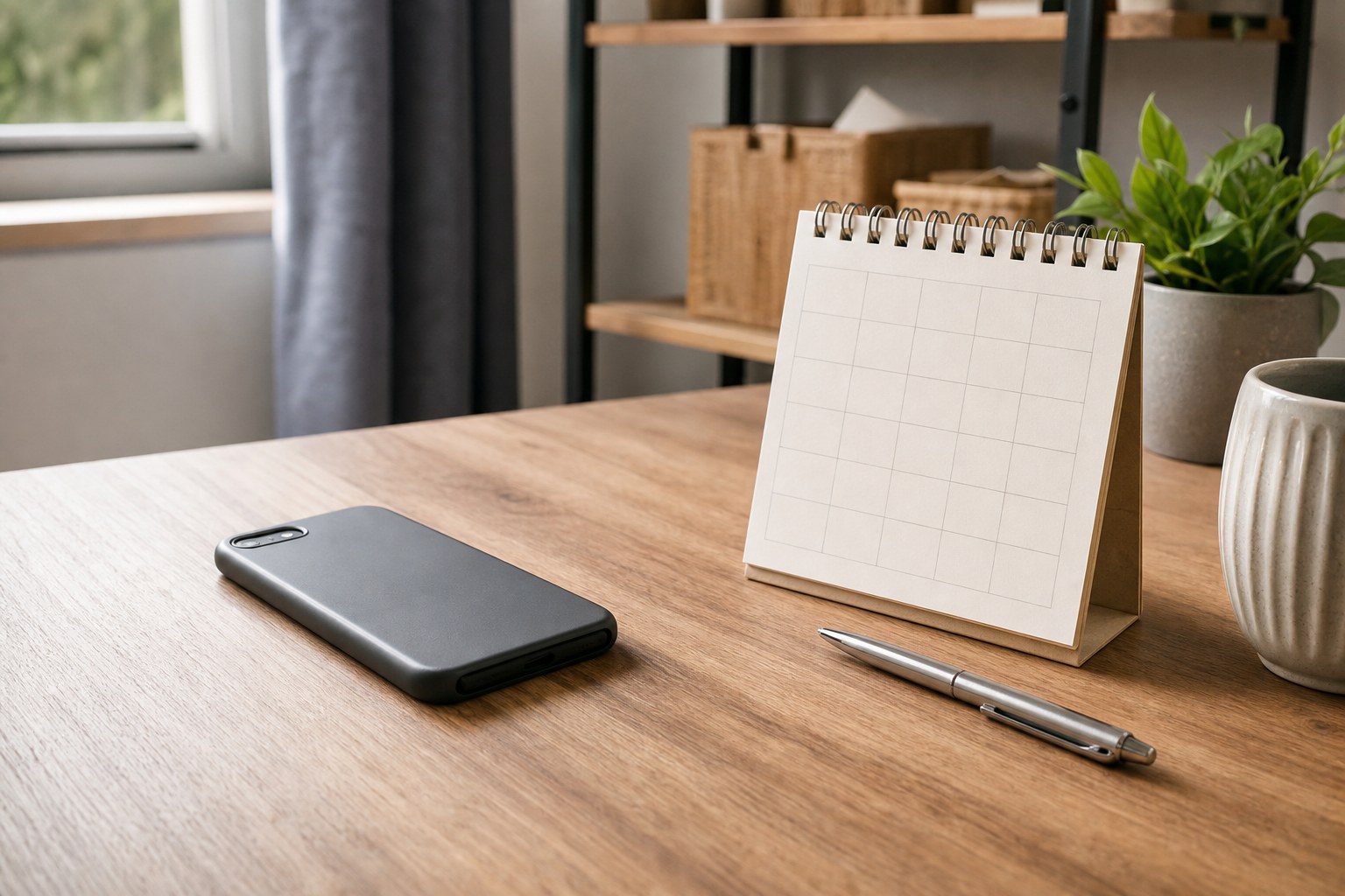 Face-down phone, paper calendar, and pen on a tidy wooden desk