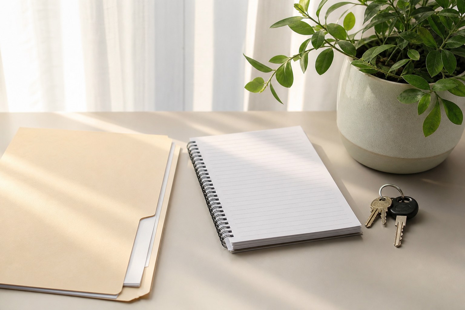Organized folder, blank notebook, keys, and leafy plant on a bright desk