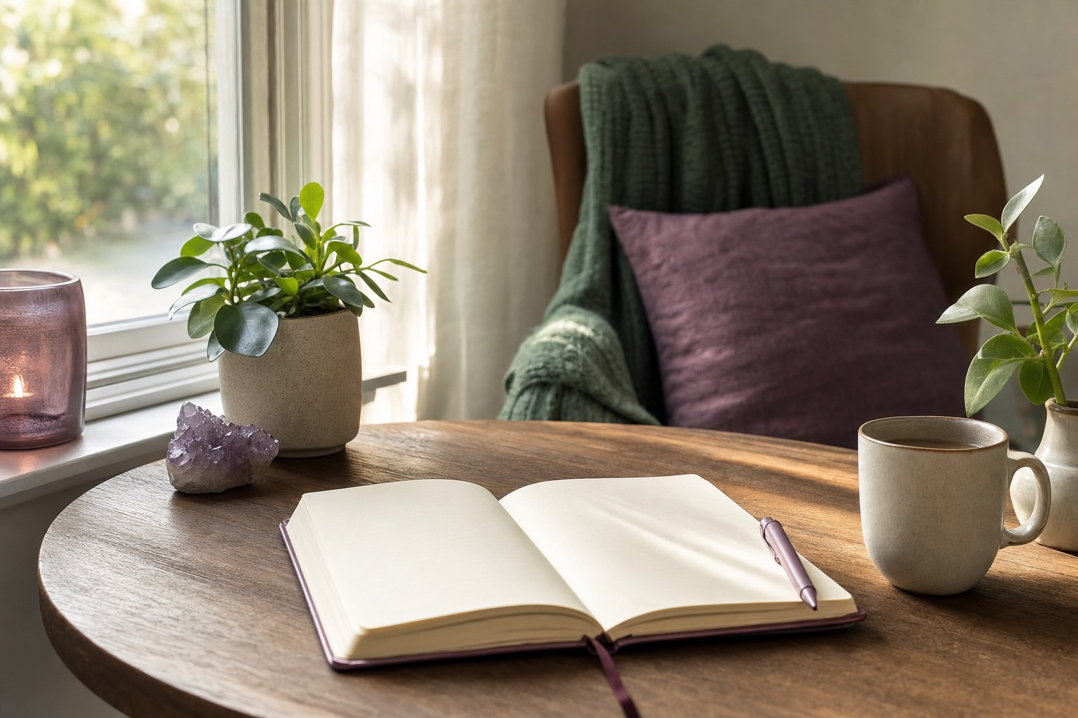 Open journal, plants, and tea in a quiet sunlit room