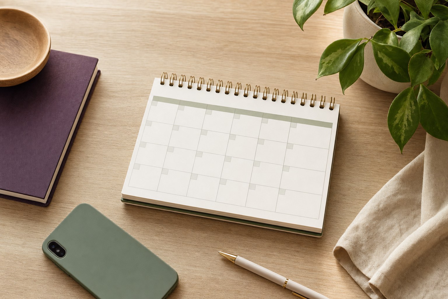 Blank shared calendar, unbranded phone, pen, and green plant on a warm desk