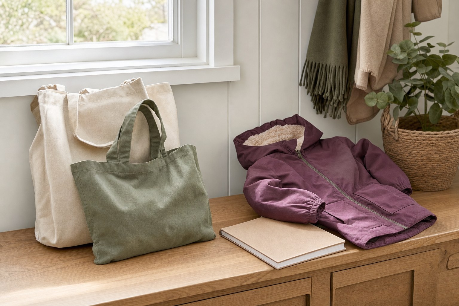 Two tote bags, a child’s jacket, and a blank notebook arranged on a sunlit entryway bench