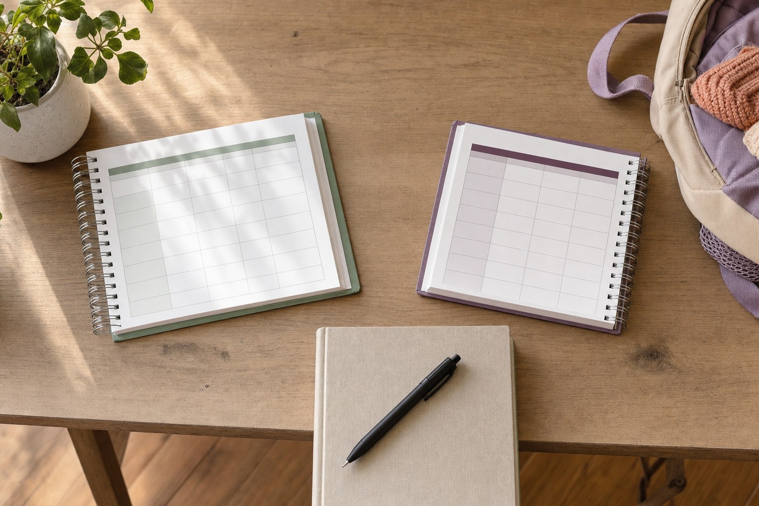 Two blank weekly planners on a wooden table beside a child’s backpack