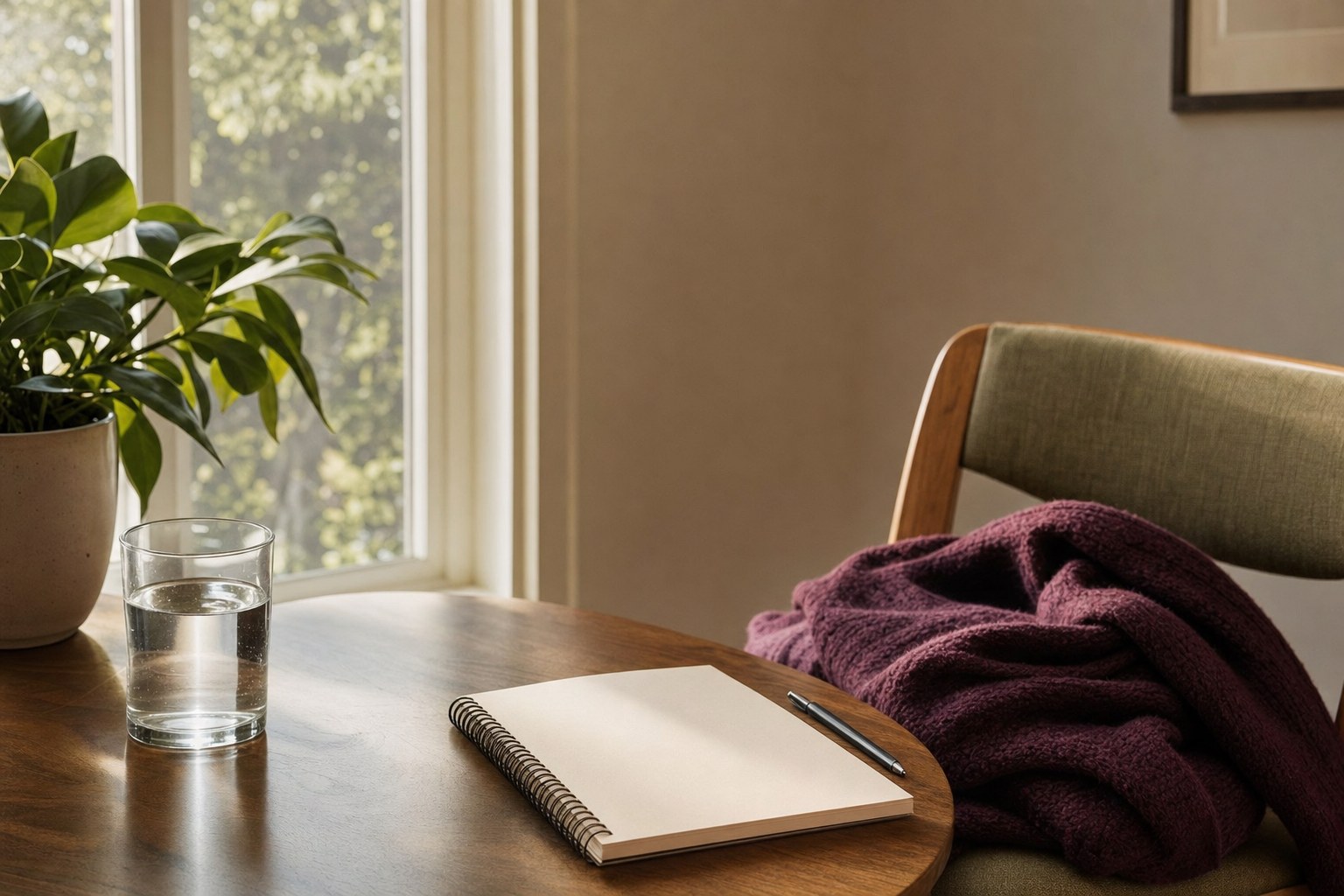 Glass of water, blank notebook, folded sweater, and houseplant near a window
