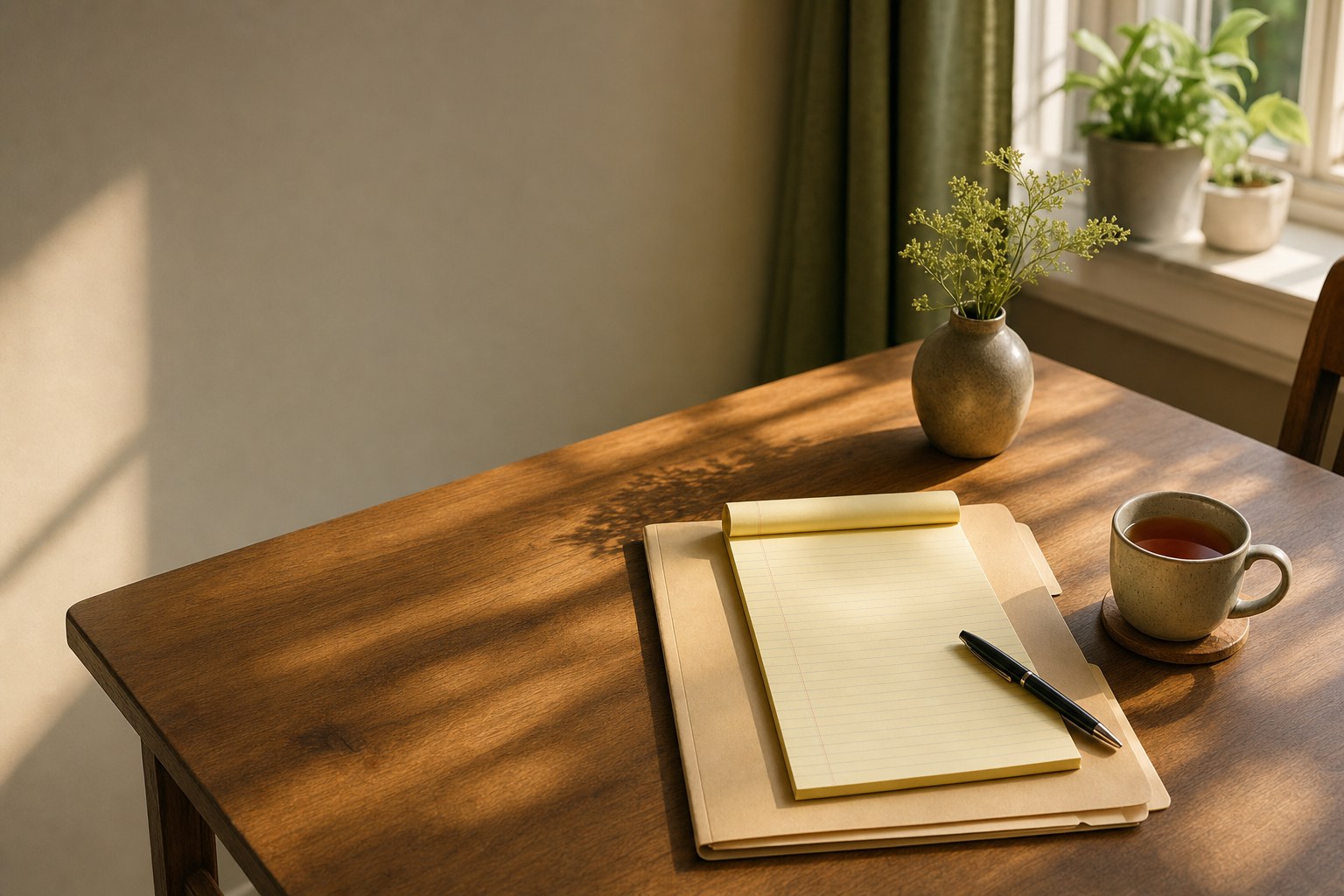 Organized neutral folder and legal pad on a sunlit wooden table