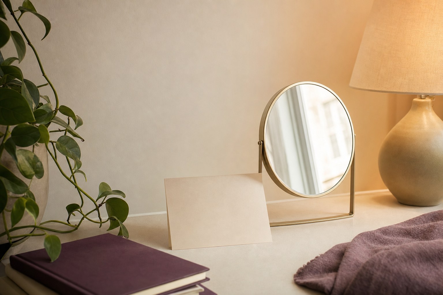 Mirror, blank note card, lamp, and trailing plant in a quiet home interior