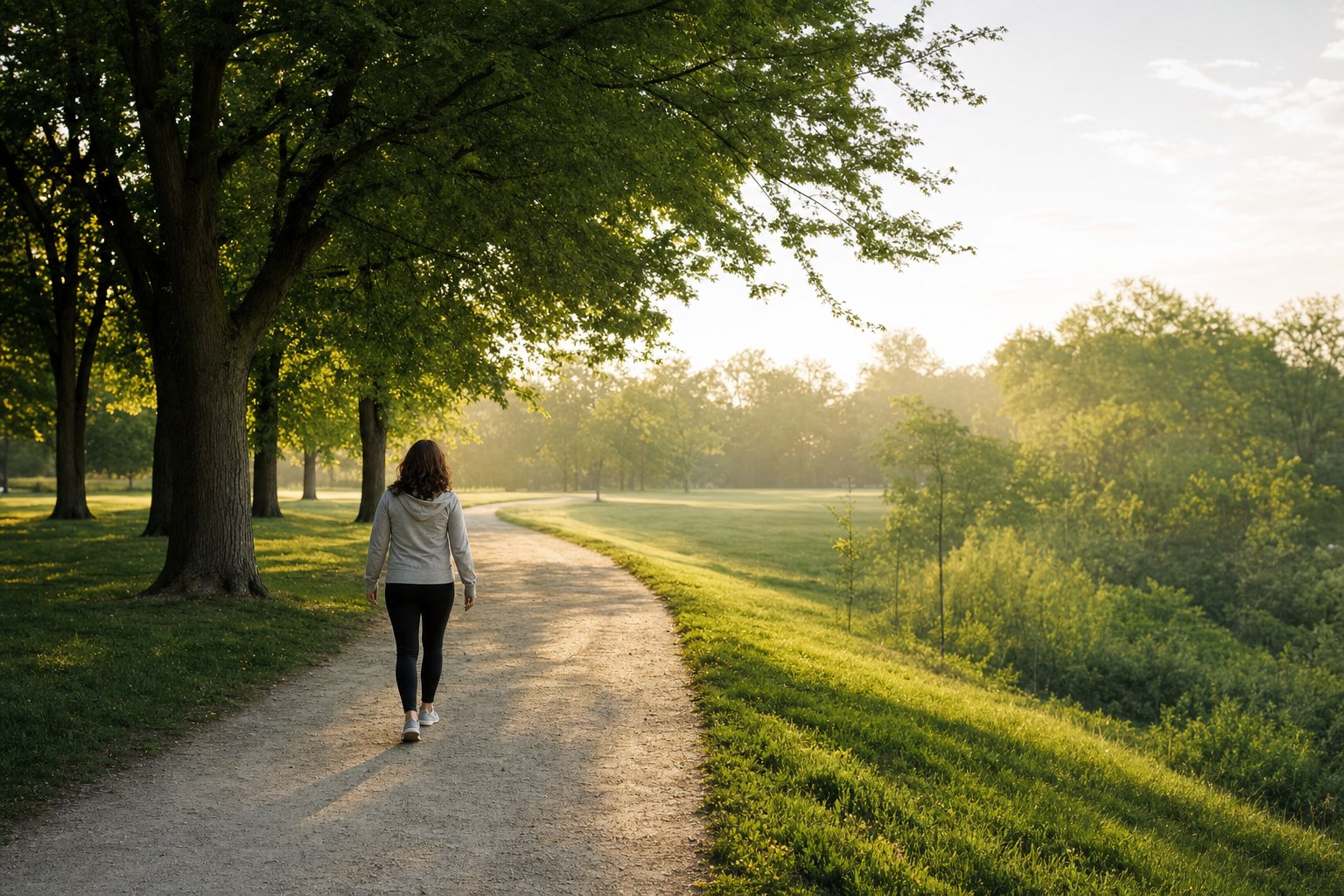 Person walking on a quiet tree-lined path in early morning light
