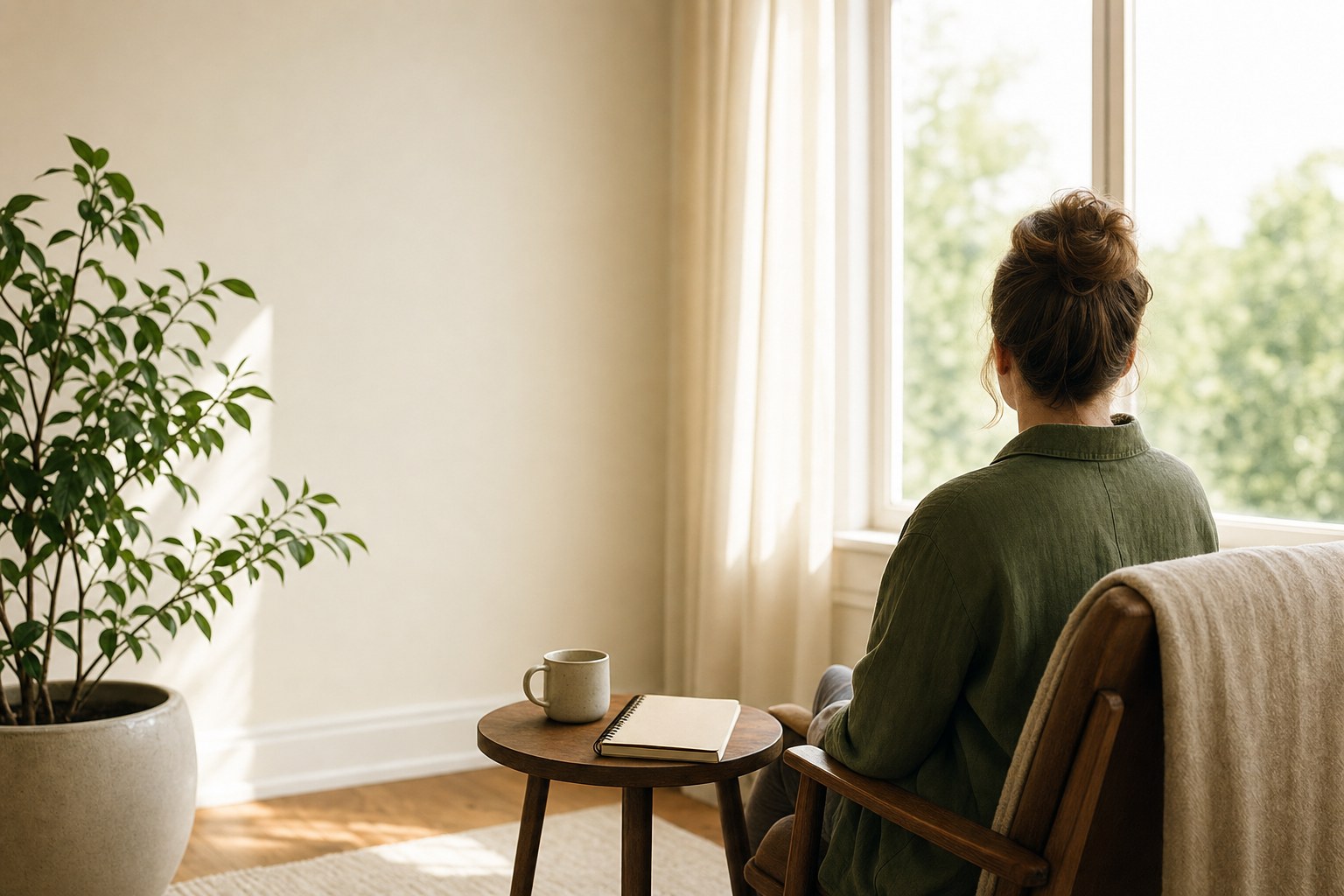 Person seated quietly by a bright window with a notebook and plant nearby