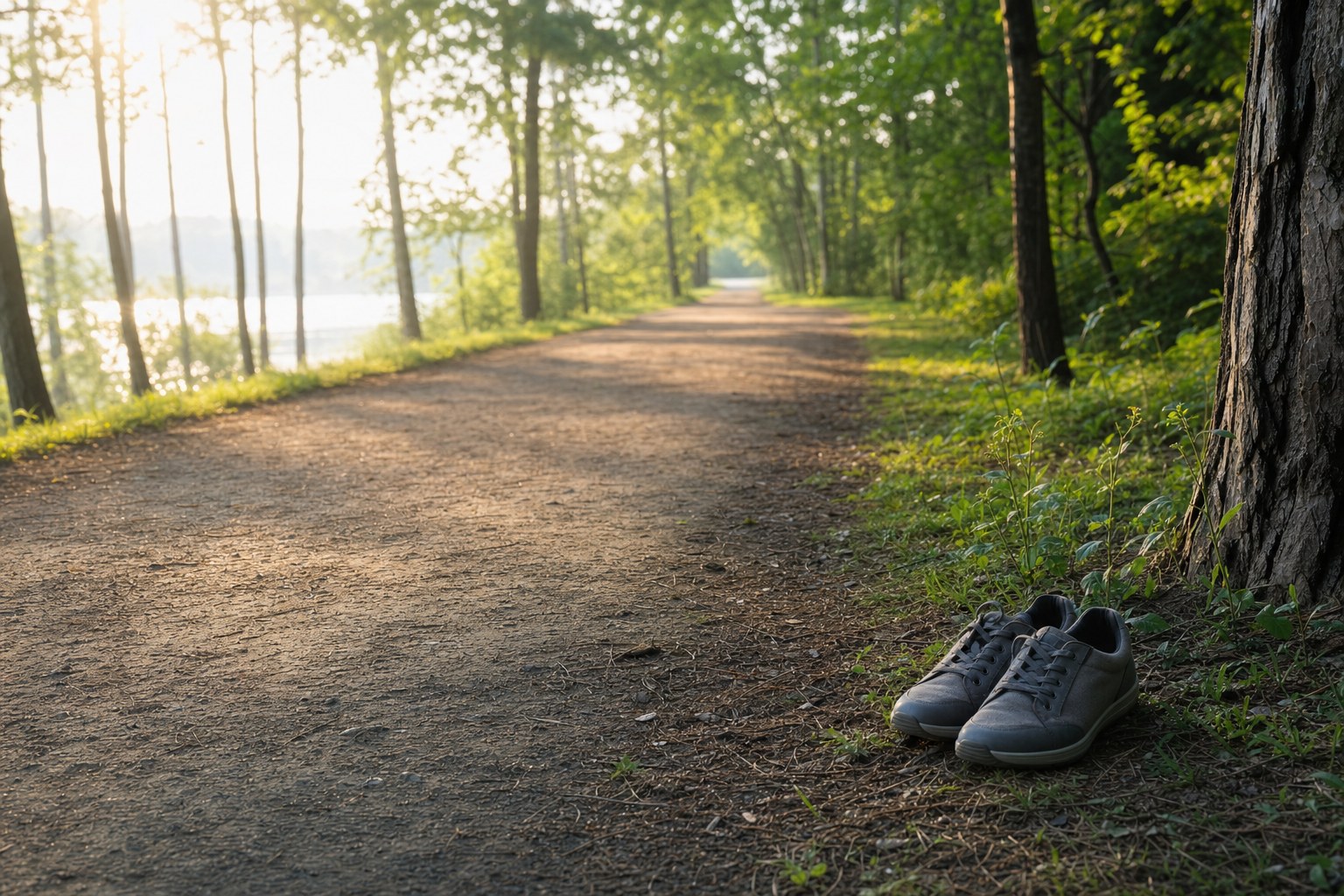 Quiet tree-lined path with a pair of walking shoes at its edge