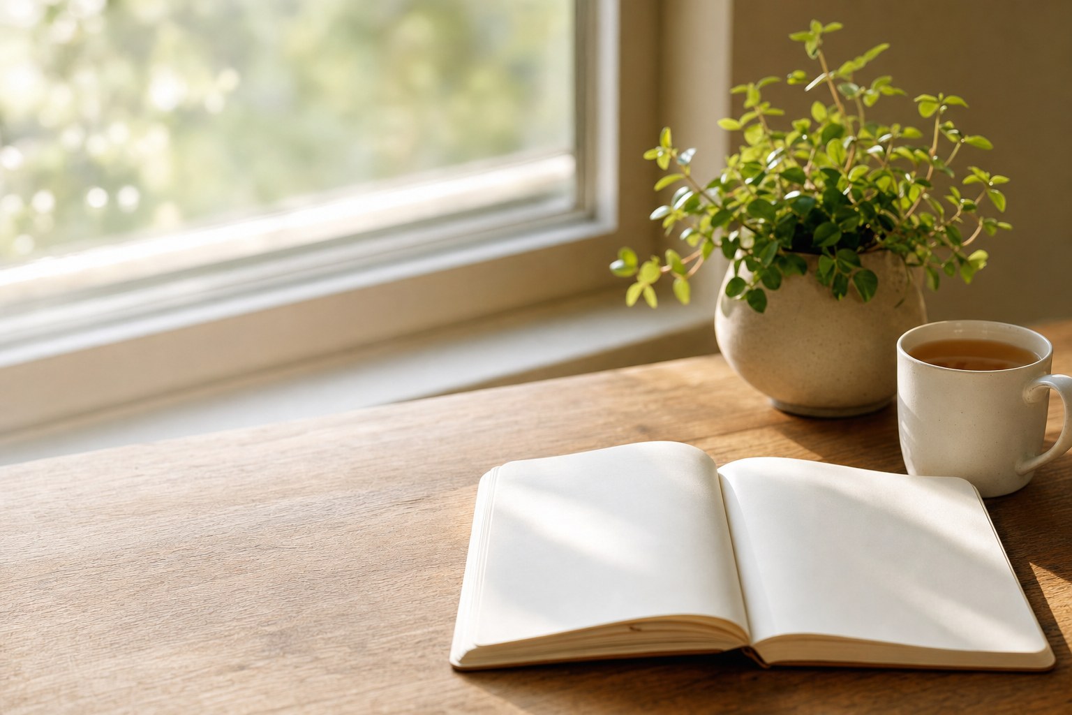 Open notebook, tea, and a small plant in a sunlit room