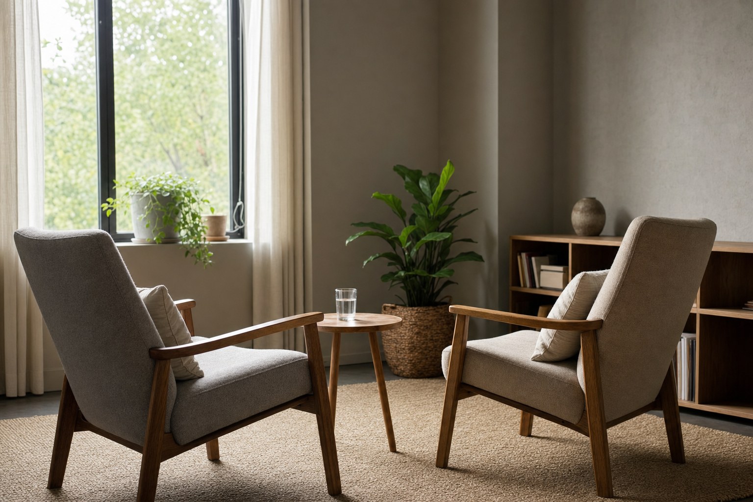 Two empty chairs in a quiet, sunlit support room