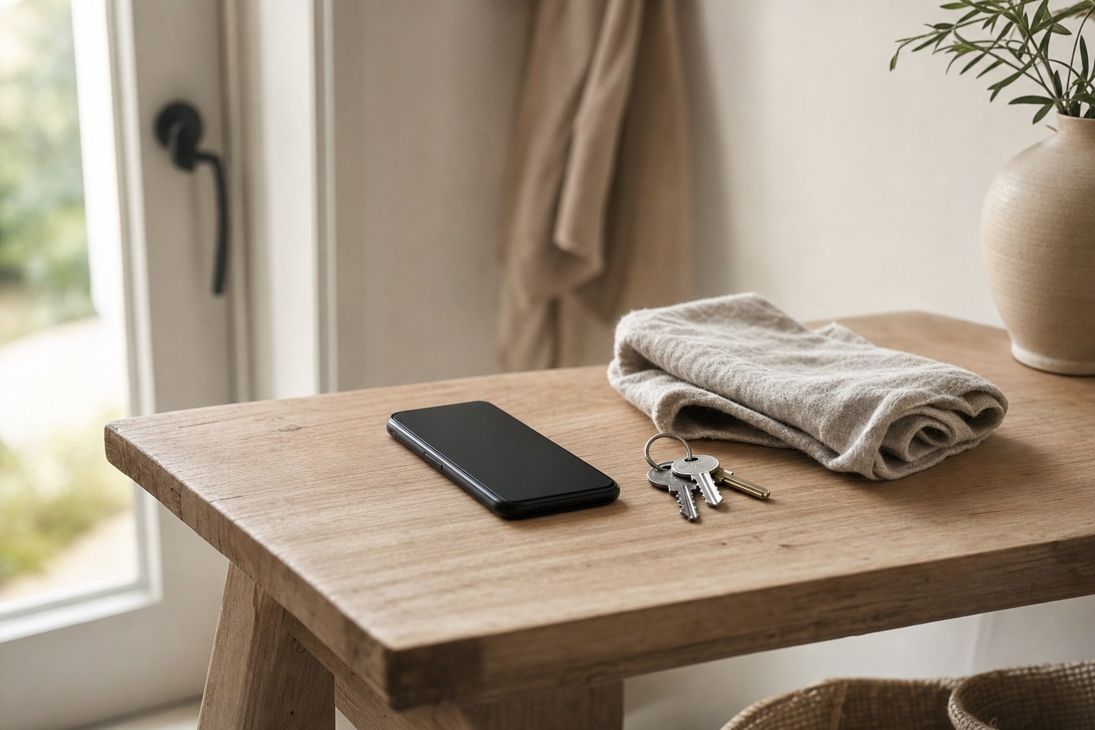 Phone and keys resting on a wooden table near a doorway