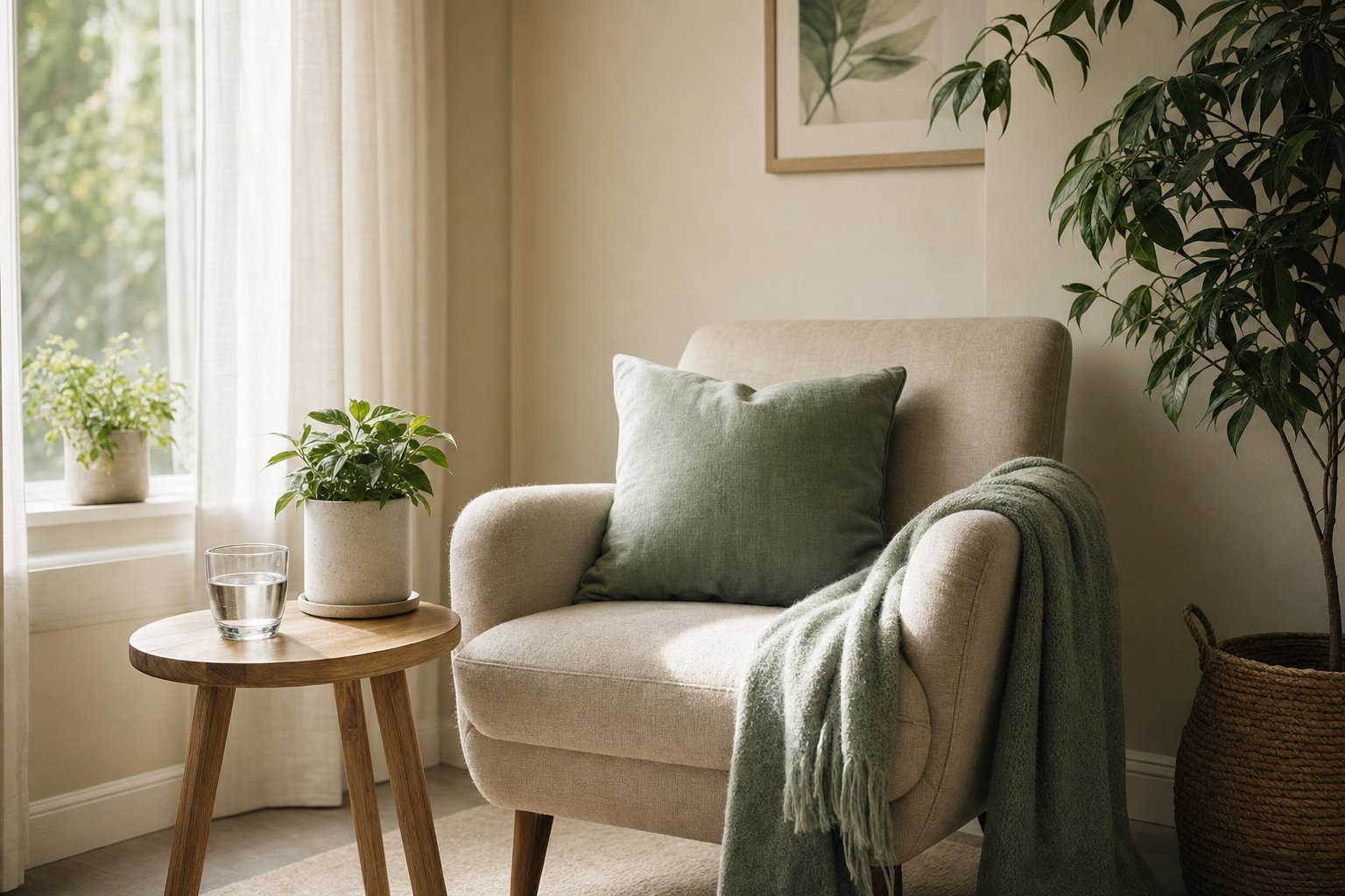 Quiet armchair, throw, side table with water, and a plant by a sunlit window