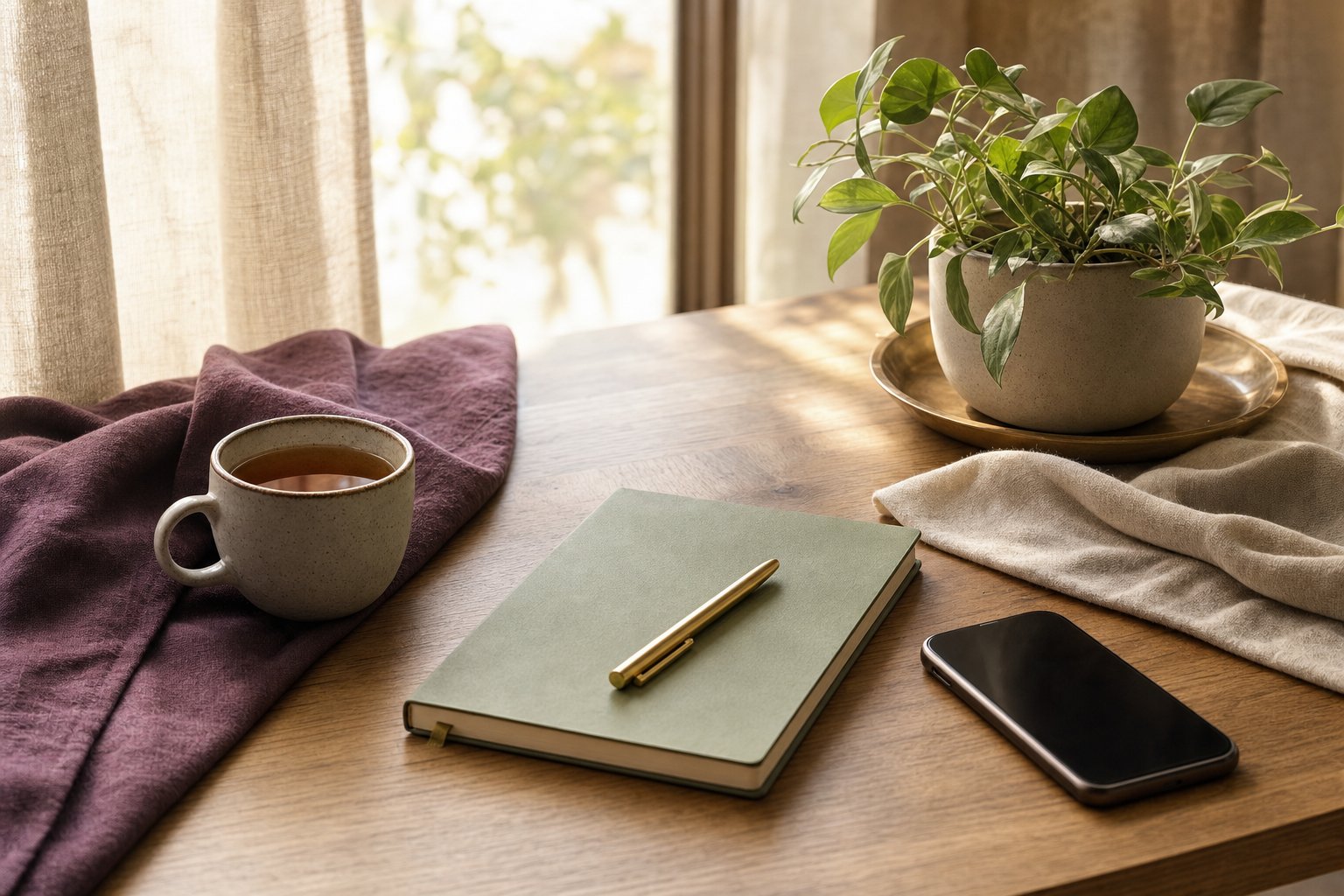 Open notebook, tea, face-down phone, and a leafy plant in soft window light
