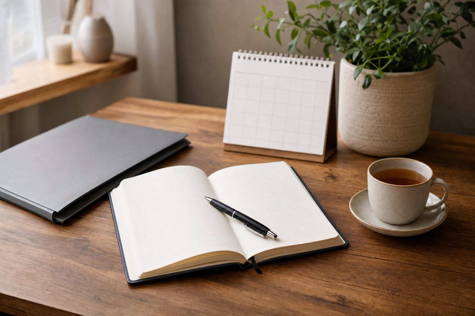 Blank journal, pen, calendar, closed folder, and tea on a wooden desk