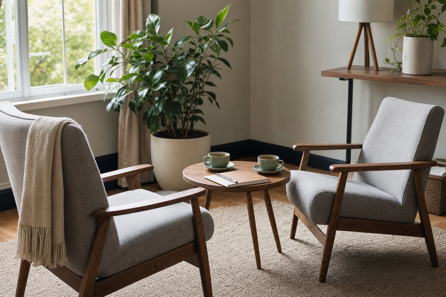 Two chairs, tea cups, notebook, and a leafy plant in a calm conversation space