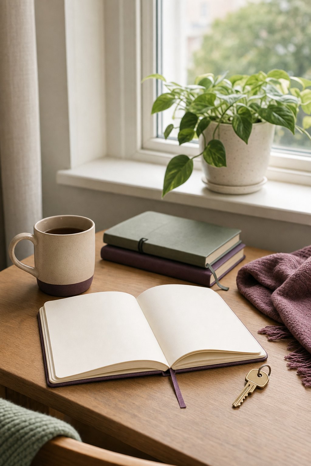 Open notebook, key, and warm tea on a sunlit wooden table