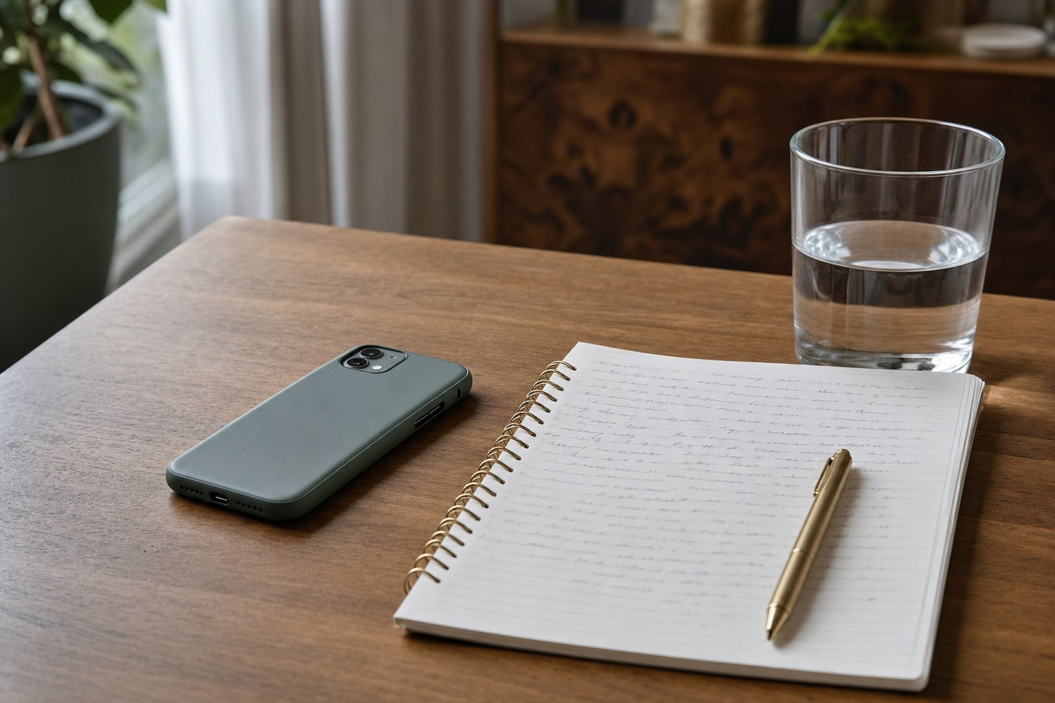 Phone, notebook, pen, and glass of water on a quiet wooden table