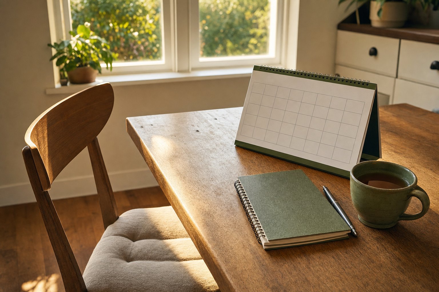Simple calendar, notebook, tea, and an empty chair beside a bright window