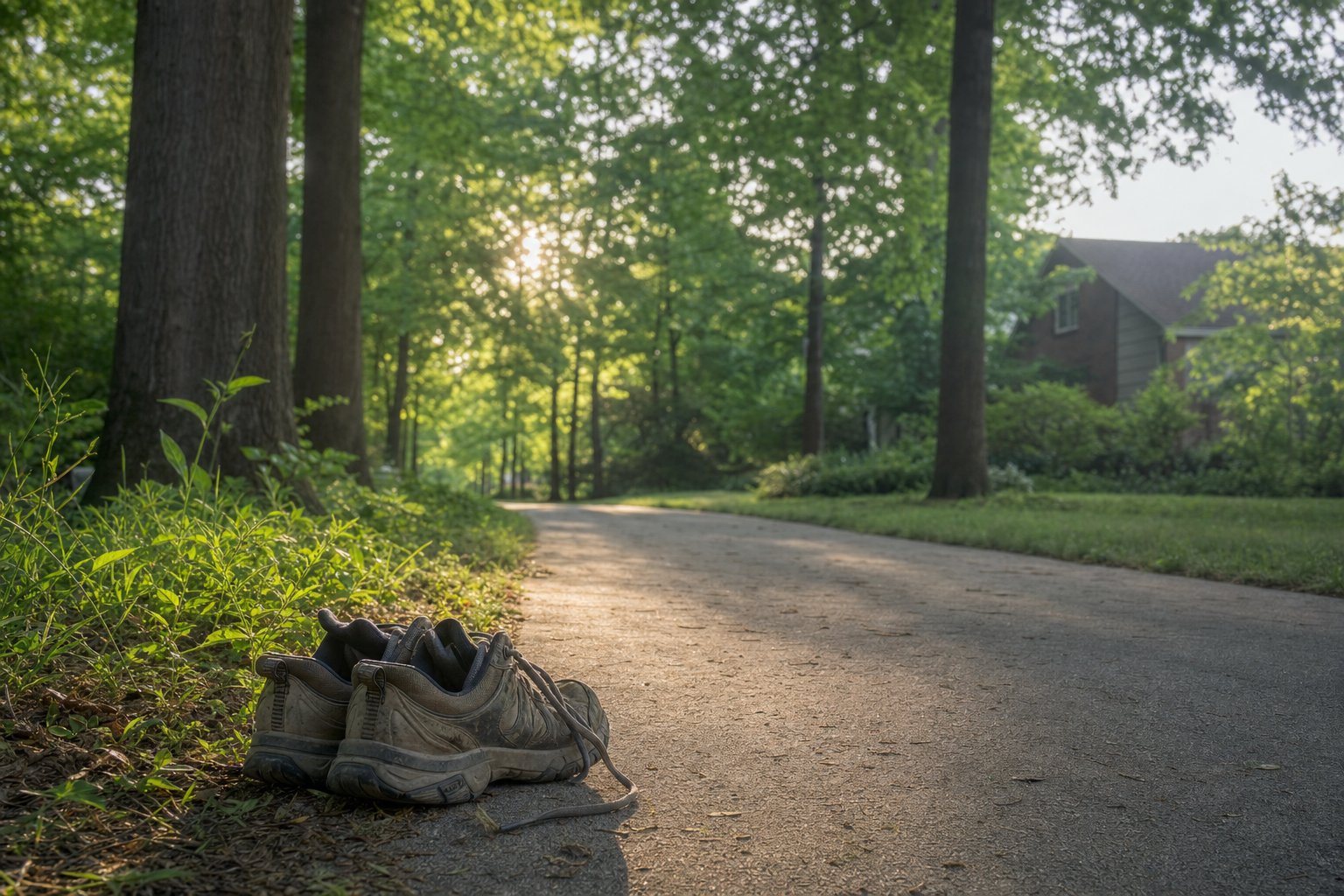 Walking shoes resting beside a quiet tree-lined path