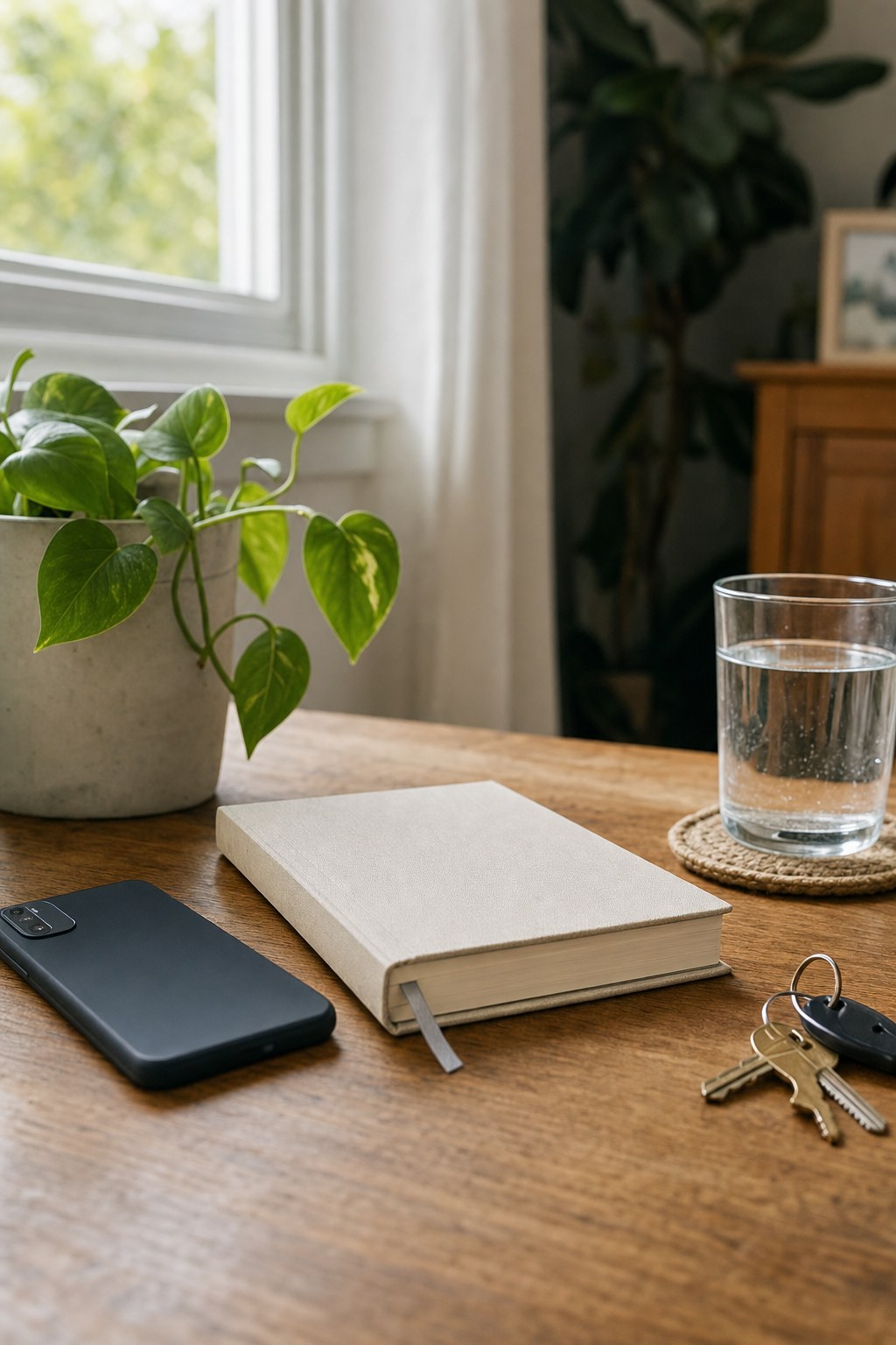 Face-down phone, closed notebook, water glass, keys, and plant on a wooden table