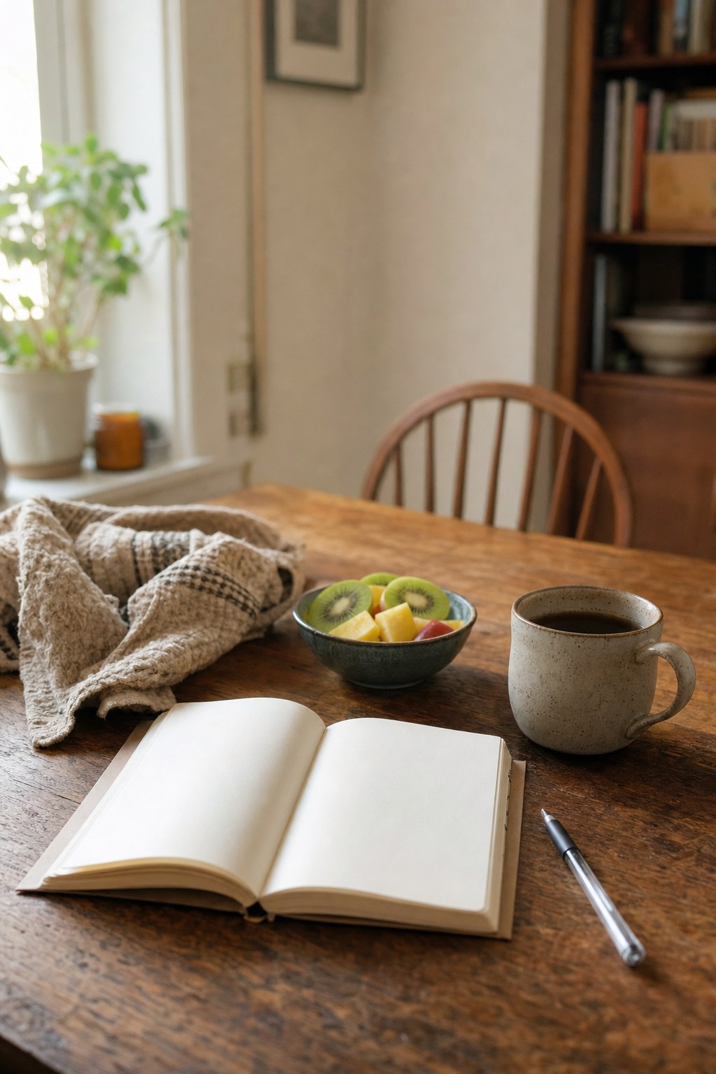 Open journal, pen, tea, fruit, and folded blanket on a sunlit kitchen table