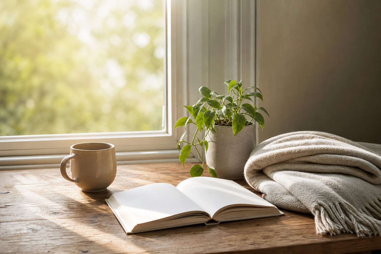 Open blank notebook, ceramic mug, folded blanket, and green plant by a sunlit window