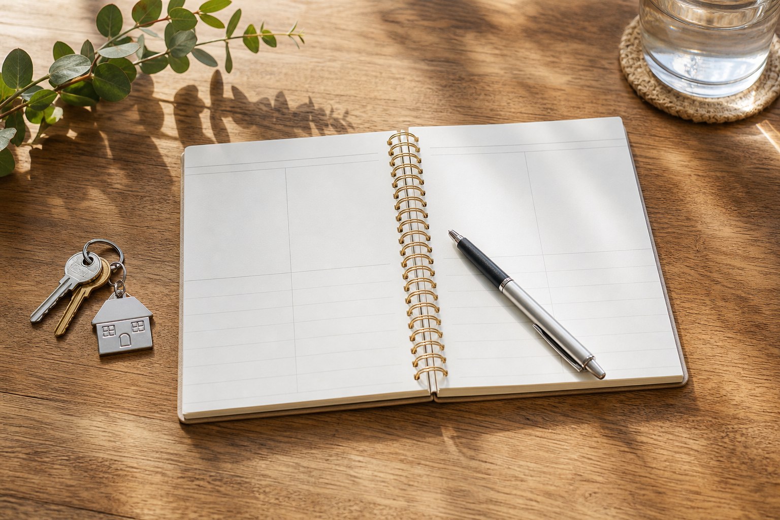 Blank paper planner, pen, house keys, greenery, and a glass of water on a wooden table