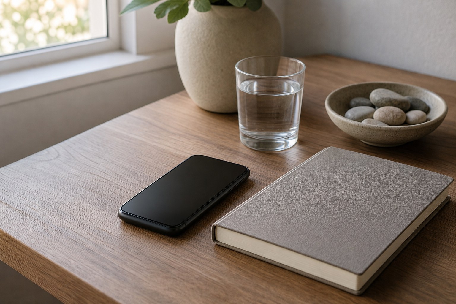 Face-down phone, closed notebook, glass of water, and smooth stones on a wooden desk
