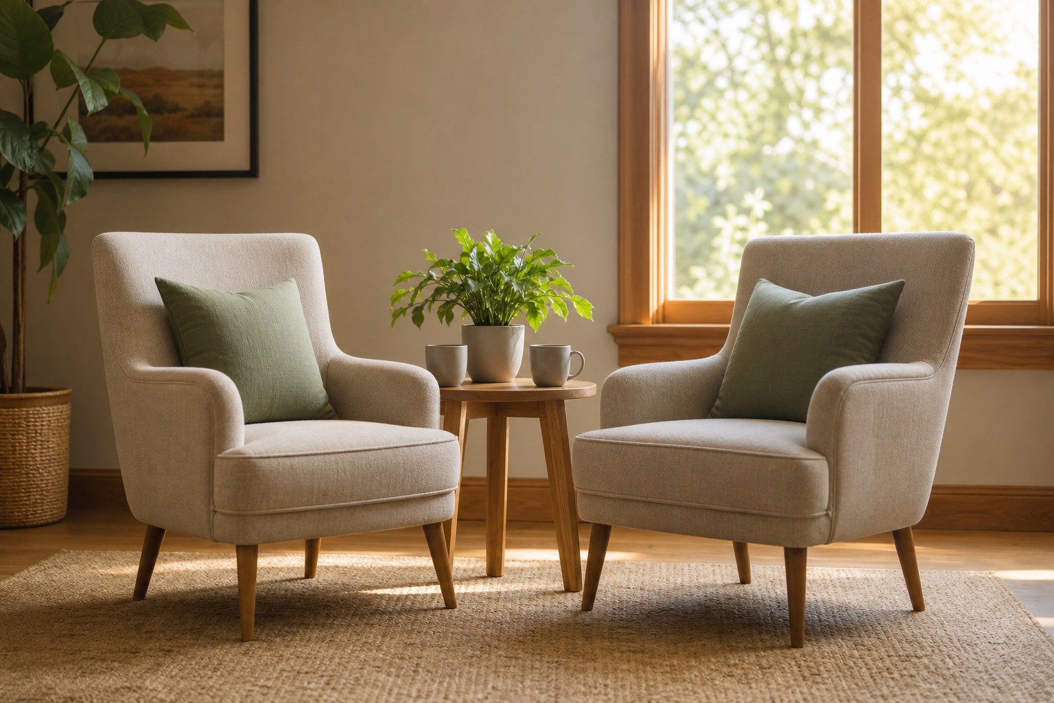 Two comfortable chairs facing one another with plain mugs and a leafy plant in a sunlit room