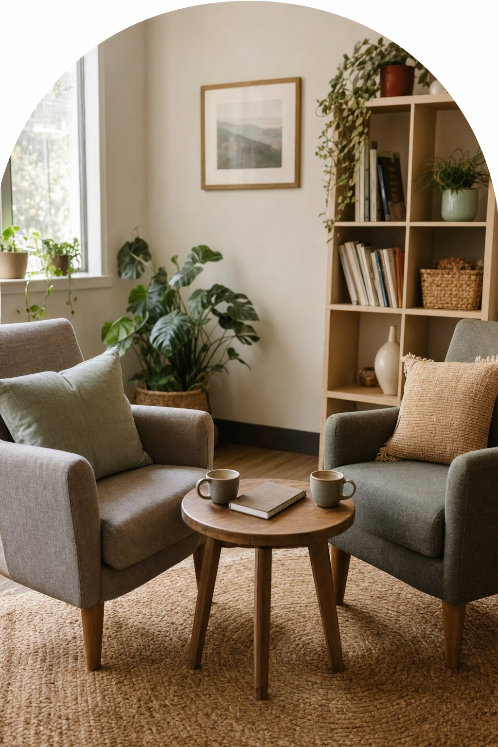 Two comfortable chairs, tea cups, and a notebook in a calm conversation space