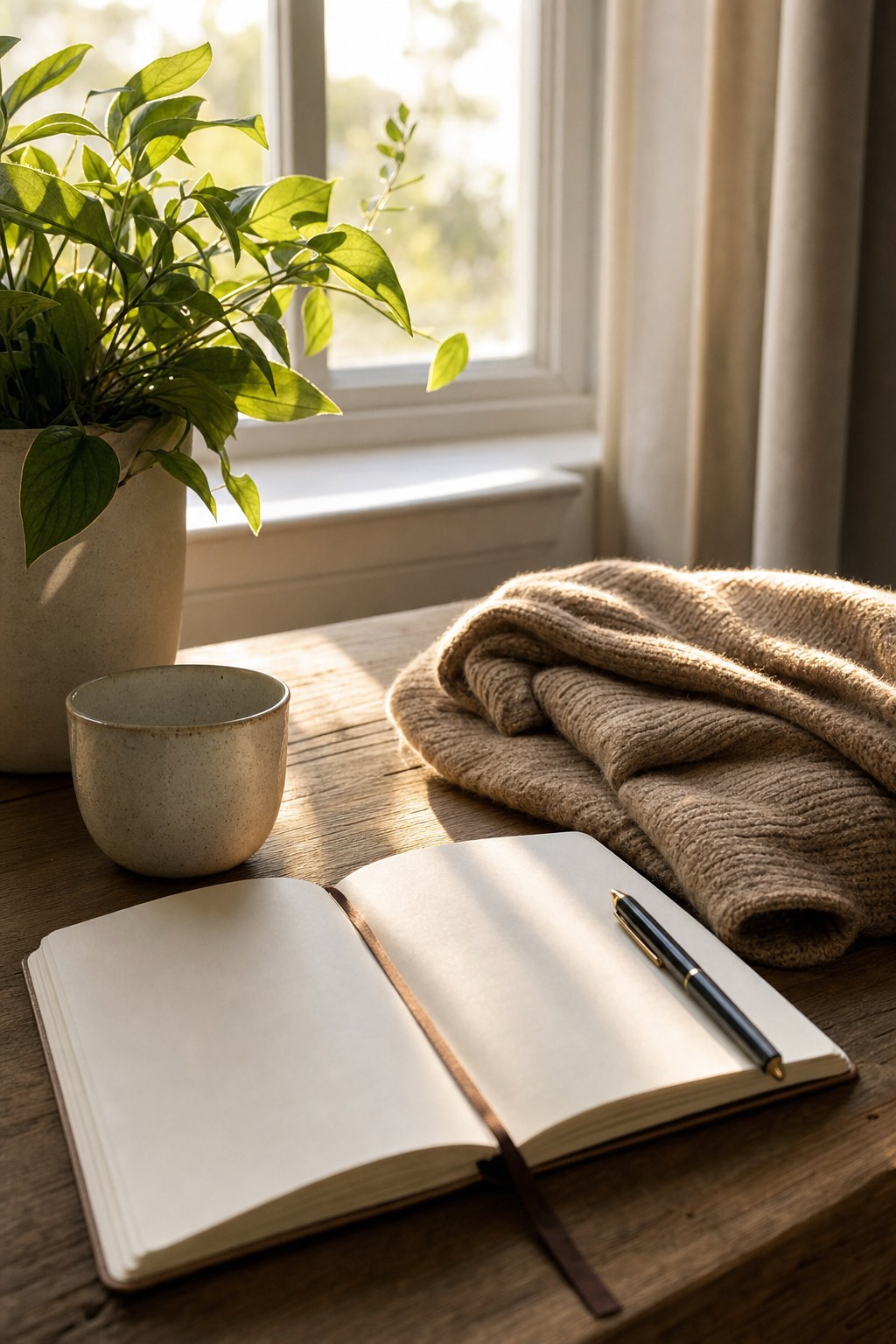 Open journal, ceramic cup, folded blanket, and green plant in warm morning light