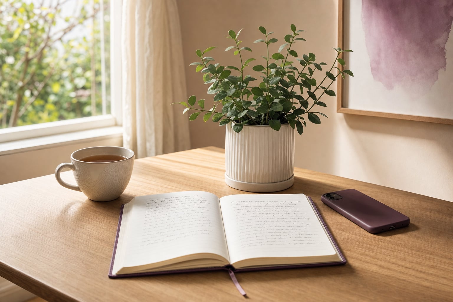 Open journal, tea, a phone, and a plant on a sunlit table