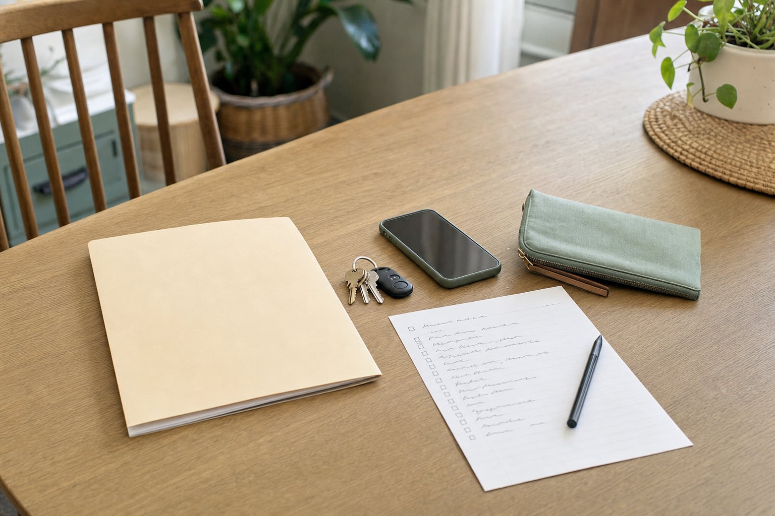 Keys, phone, folder, and a checklist on a wooden table