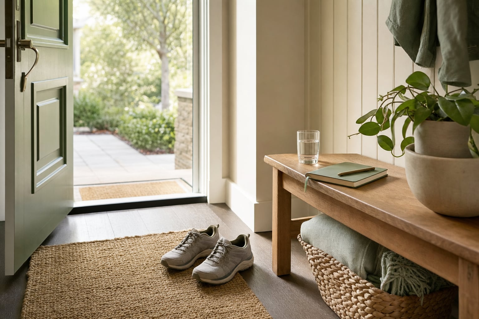Walking shoes, water, and a journal beside an open door