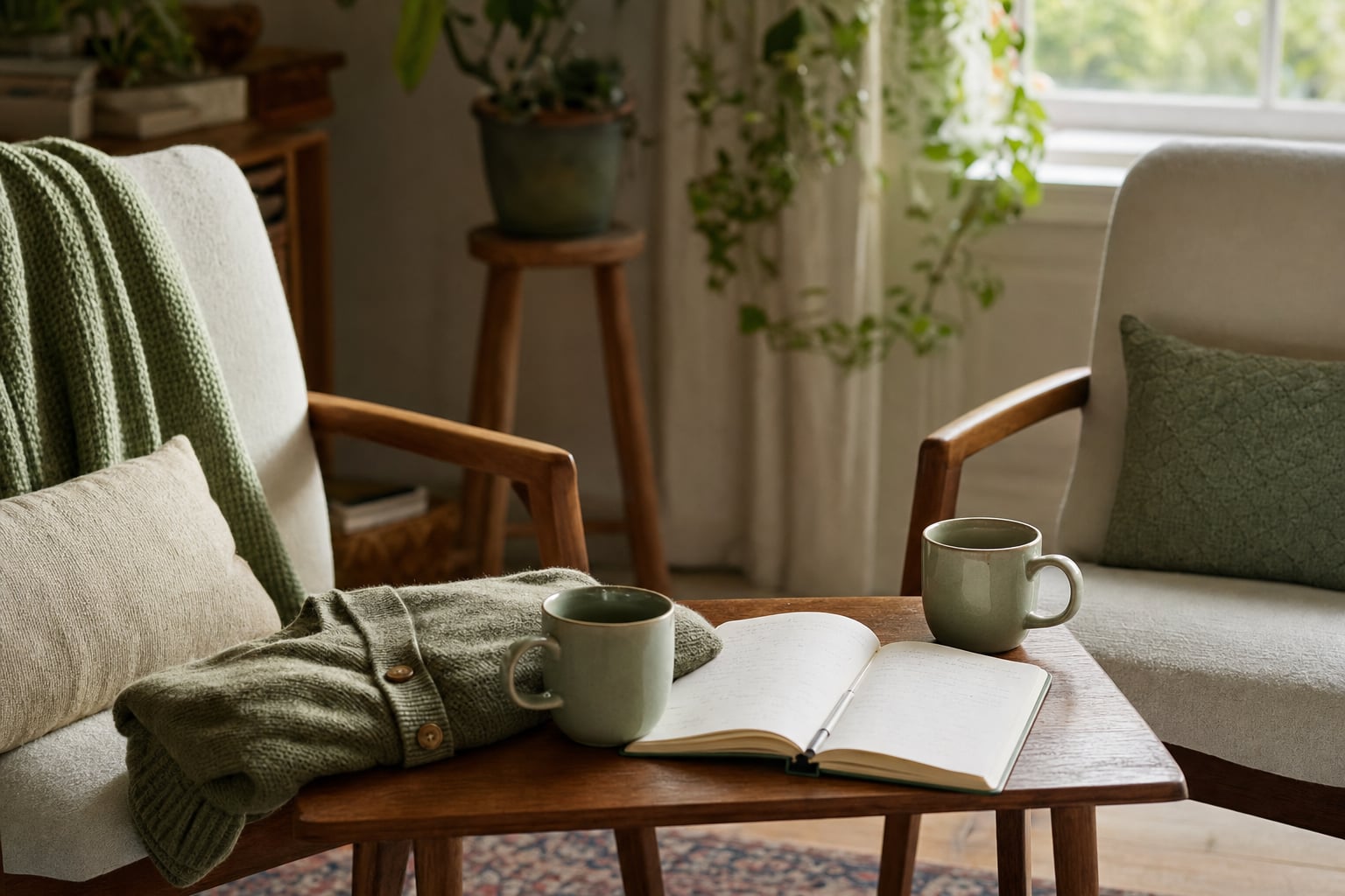 Two chairs, notebooks, and tea in a quiet support room