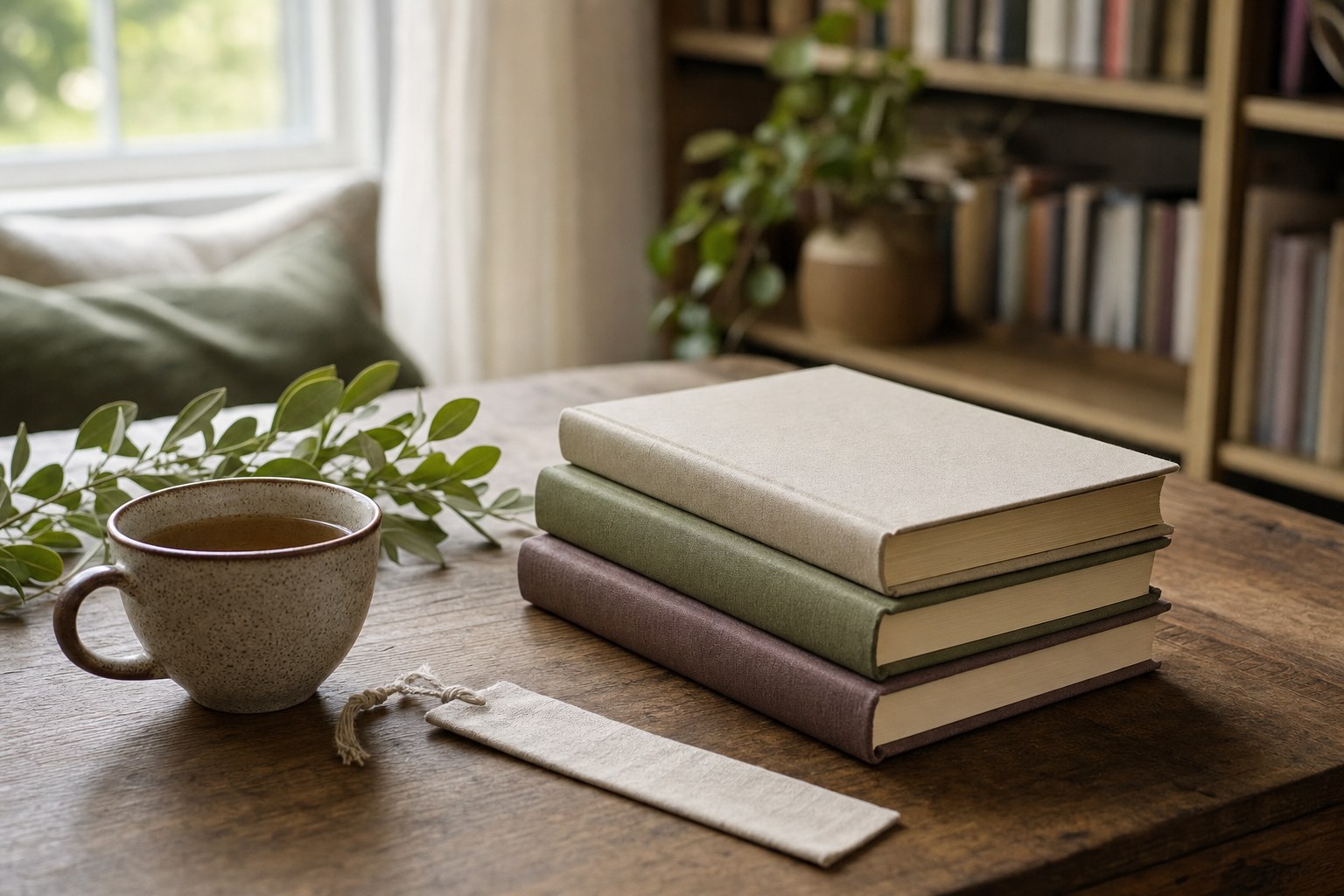 Books, tea, and greenery in a warm reading corner