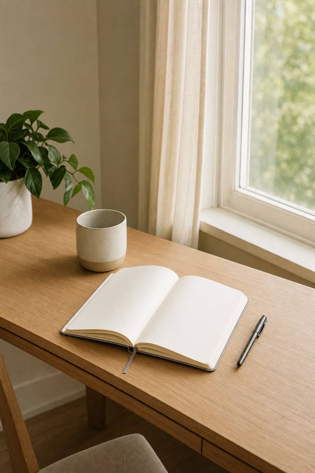 Journal and cup beside a softly lit window