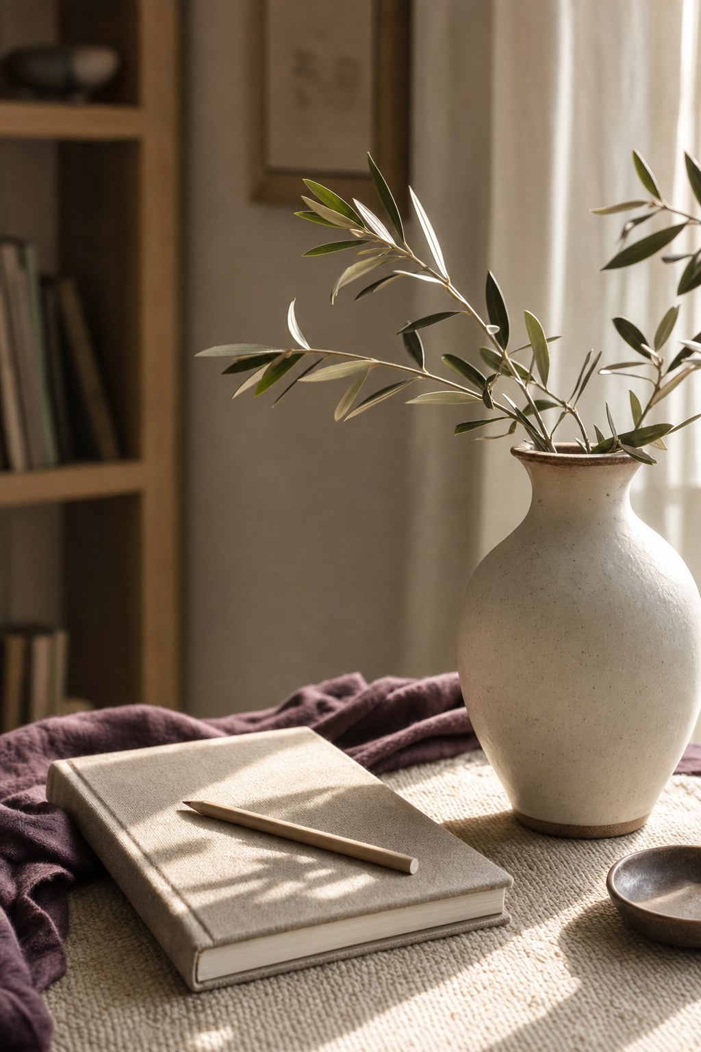 Linen notebook and olive branch in a warm private study