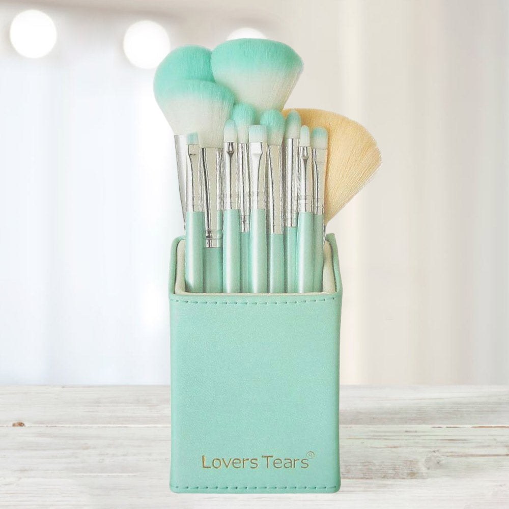 Twelve-piece makeup brush set with holder