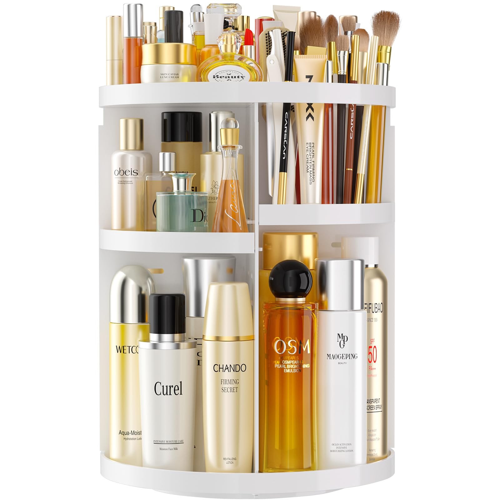 White rotating makeup organizer with shelves and brush holder