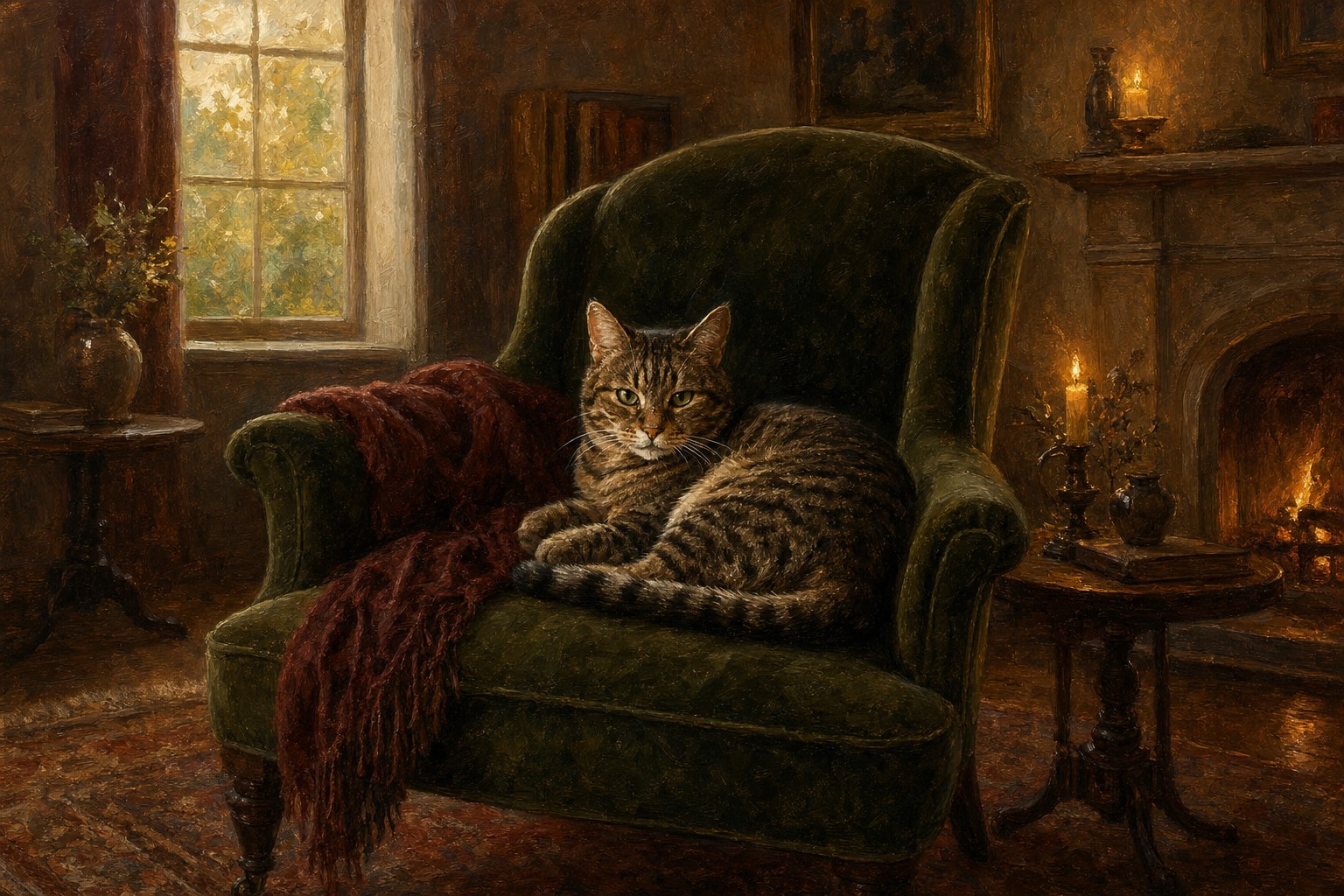 Painterly tabby cat resting in an olive armchair beside a burgundy blanket