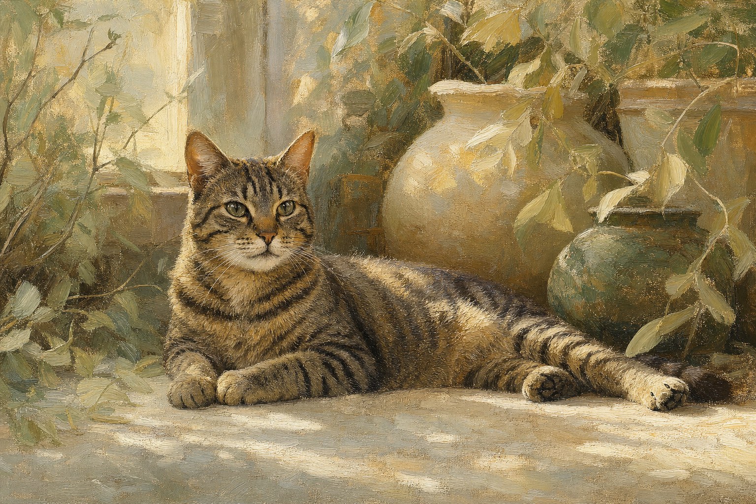 Illustrative painterly portrait of a tabby cat near pottery